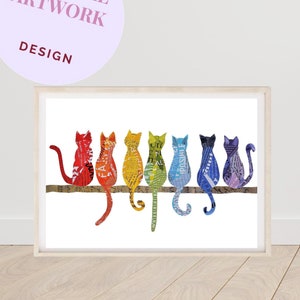 Cat Rainbow Decor Print, Colorful Wall Art from Unique Collage Artwork, Beautiful Cat Lover Gift