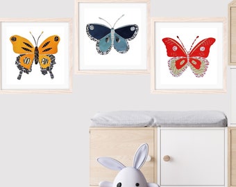 Butterfly Wall Art, Set of 3 Bright Wall Art Print from Unique Collage Artwork, Colorful Butterflies for your Nursery Decor