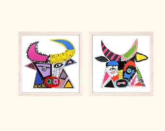 Moderne abstracte kunst, set van 2 kubistische stierkunstprint, moderne collagemuurkunst uit het midden van de eeuw voor een kleurrijk geometrisch decor