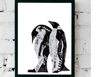 Black and White Art of a Penguin Couple from Unique Collage Art Design, Minimalist Monochrome Decor as Penguin Gift