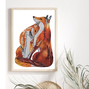Arte de pared de zorro, zorro lindo, impresión de decoración de pared, arte de pared del bosque, obras de arte de collage únicas, regalos de zorro, decoración de cabina