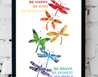 Inspirational Dragonfly Art Print: Colorful Collage, Motivational Quote
