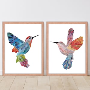 Hummingbird Collage Art Prints, Bright Wall Decor image 1