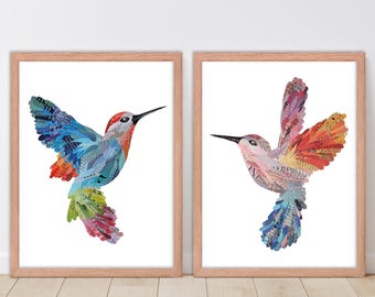 Hummingbird Collage Art Prints, Bright Wall Decor