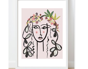 Deense pastelkleurige vrouw gezicht lijntekeningen print van origineel collagekunstwerk, abstracte kunst, vrouw met bloemen