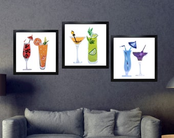 Gallery Wall Set of 3 Cocktail Wall Art, Colorful Kitchen Decor from Original Collage Artwork, Unique Home Bar Drink Wall Art