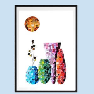 Blumenvase Kunstdruck, bunte abstrakte Blumenvase, Mosaik Kunst Papiercollage als Wanddeko Geschenk
