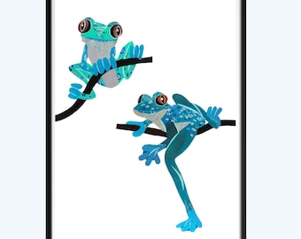 Collagekunstprint met blauwe kikkers: grappige amfibie-wanddecoratie
