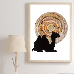 Desert Art Print, Camel Wall Decor from Unique Collage Artwork, Minimalist Landscape as Bohemian Desert Wall Art Gift