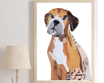 May include: A framed wall art print featuring a collage-style illustration of a boxer dog. The dog is rendered in shades of brown, tan, and white, using layered paper textures with visible printed text. The artwork is enclosed in a light wood frame.