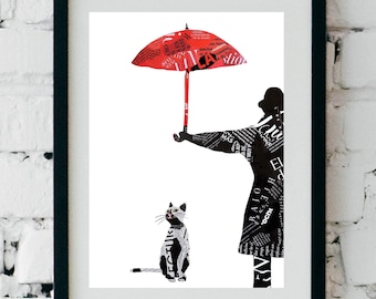 Graffiti Street Art Print - Urban Collage Home Decor for Cat Lovers, Upcycled Art