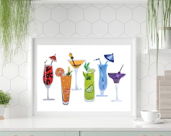 Modern Kitchen Art, Cocktail Wall Art for a Colorful Decor, Rainbow Drink Recipes from Original Collage as Happy Kitchen Gift