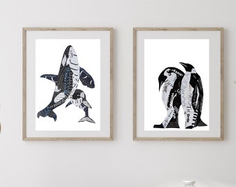 Ocean Wall Art from Unique Collage Artwork, Set of 2 Penguin and Orca Print, Black and White Art as Nautical Decor Gift