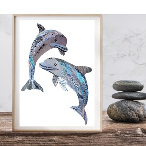 Dolphin Art, Nautical Nursery Decor from Original Collage Art, Nautical Print, Beach Home Decor and Kids Bathroom Decor