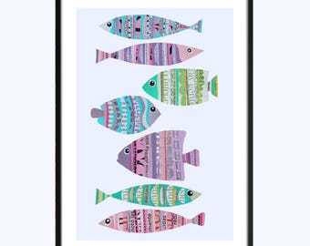 Fisch Kunstwerk Dekor, Ozean Wand Kunst und Strand Haus Dekor, Einzigartige Handgemachte Collage Druck