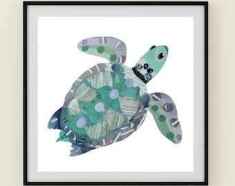 Quadro decorativo de tartaruga para parede, colagem original em tons pastel, arte de tartaruga marinha como presente para recém-nascido e decoração náutica para quarto de bebê.