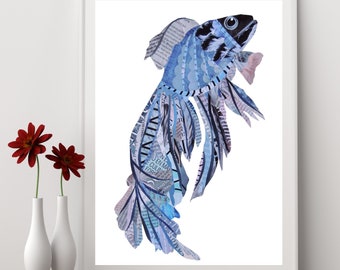 Betta Fish Art Print, Fish Decor and Bathroom Wall Art, Unique Collage Artwork as Blue Wall Art Bathroom Poster