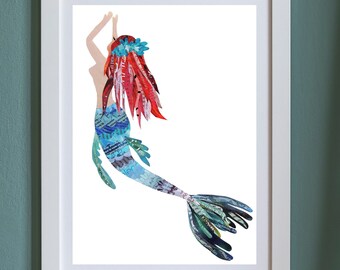 Meerjungfrau Print, Fantasy-Kreatur als nautische Wanddekoration, mädchenhafte Wandkunst