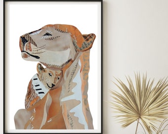 Lion Art for Safari and Jungle Nursery, Earth Tone Wall Art from Original Collage Artwork Design, Lion Print as Mom to Be Gift