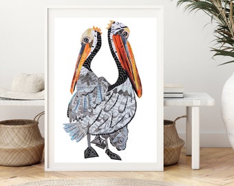 Impressão artística de pelicano, arte de pássaro para decoração náutica, arte de parede costeira a partir de colagem exclusiva, decoração para casa de praia