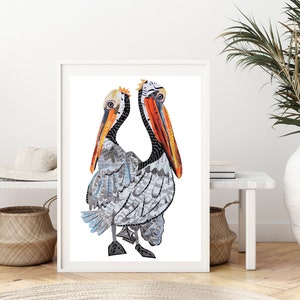 Pelican Art Print, Bird Art for a Nautical Decor, Coastal Wall Art from Unique Collage Artwork, Beach Home Decor