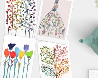 Botanical Collage Art Postcards: Whimsical Floral Mini Prints Set