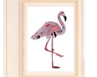 Rosa Flamingo Druck für Ihr Kinderzimmer Wand Dekor, Collage Vogel Kunst als Baby Mädchen Geschenk