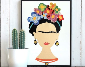 Frida Kahlo Print for a Colorful Decor, Mexican Folk Art Print from Original Collage Artwork