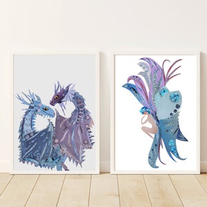 Fantasy Art Set of 2, Girly Wall Art, Danish Pastel Goth Prints from Original Collage Artwork, Dragons and Fairy as Teen Girl Room Decor