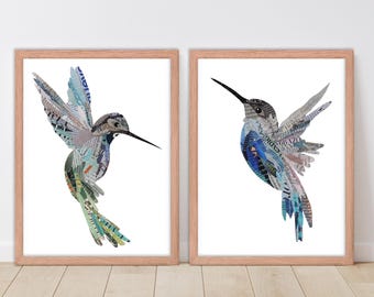 Hummingbird Collage Art Prints: Unique Bird Wall Decor, Set of 2
