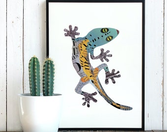 Gecko Lizard Art Print for Rustic Home Decor, Unique Collage Artwork as Patio and Farmhouse Wall Art, Housewarming Lucky Gecko Gift