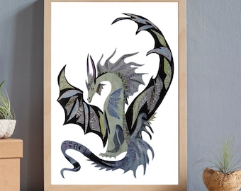 Dragon Print, Goth Wall Art, Mythical Creature, Unique Collage Artwork, Fantasy Art as Gothic Wall Decor