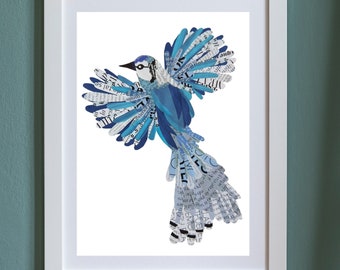 Blue Jay Bird Art Print from Unique Collage Artwork, Framed Bird Wall Art, Blue Bird as Bird Lover Gift