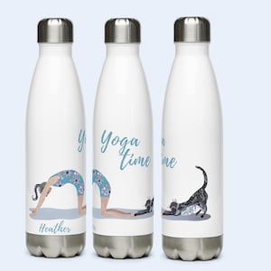 Personalized Yoga Water Bottle: Cat & Girl Collage Art, Stainless Steel
