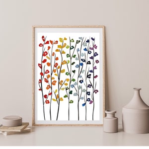 Regenbogen Blumen Kunstdruck von Einzigartiger Collage Kunstwerk, Bunte Minimalistische Blumen Wandkunst als Regenbogen Geschenk und Mid Century Modern Set