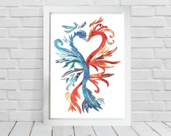 Phoenix Bird and Ice Dragon, 2 Dragons Art Print for a Fantasy Decor, Vibrant Collage Artwork as Dragon Lover Gift