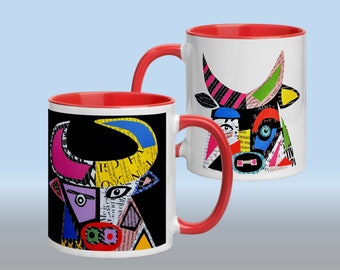 Handmade Mug Set of 2, Picasso Art Bull Inspired Collage Art, Mid Century Modern Mug, Unique Colorful Mug Gift