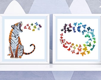 Tiger and Butterfly Wall Art, Set of 2 Colorful Animal Art Prints from Unique Collage Artwork, Safari Animals as Rainbow Baby Gift
