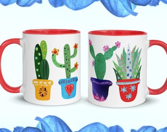 Cactus Mug, Colorful Mug from Handmade Collage Art, Unique Floral Mug as Cactus Lover Gift