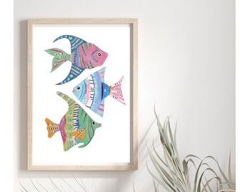 Fish Artwork, Unique Ocean Wall Art from Original Collage Animal Art, Nursery Fish Decor and Bathroom Print Gift