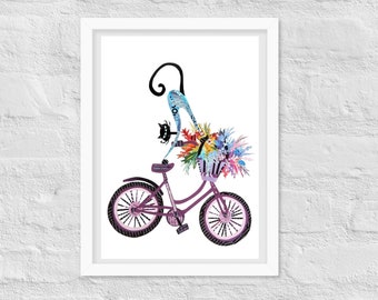 Bicycle and Cat Wall Art, Unique Collage Artwork as Gift for Cyclist and Cat Lovers