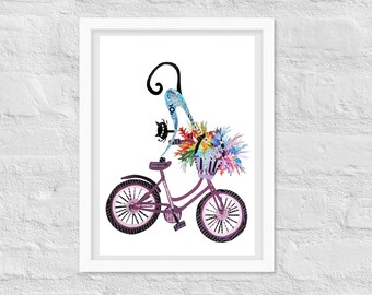 Arte murale con bicicletta e gatto, collage unico come regalo per ciclisti e amanti dei gatti