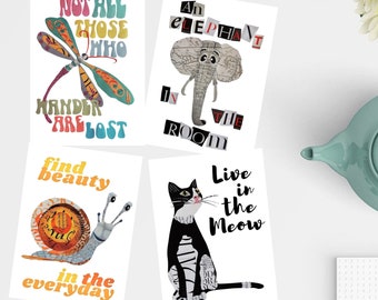 Collage Art Postcards Set of 4 Inspirational Quote Prints