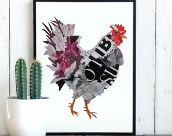 Rooster Print as Rustic Wall Decor from Unique Collage Artwork, Kitchen and Patio Wall Art for Modern Farmhouse Decor