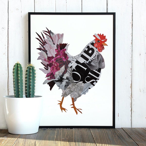 Rooster Print as Rustic Wall Decor from Unique Collage Artwork, Kitchen and Patio Wall Art for Modern Farmhouse Decor