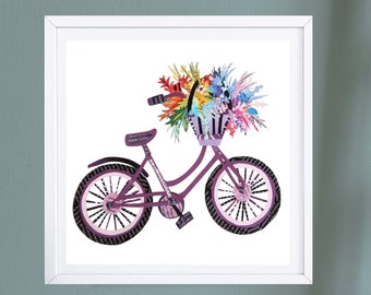 Bike Art Print, Cycling Poster from Original Collage Artwork, Beautiful Bicycle with Flowers as Bike Lover Gift