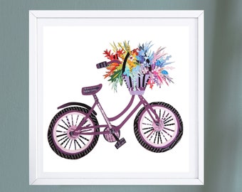 Impression d'art florale de bicyclette : affiche de cyclisme d'oeuvre d'art de collage