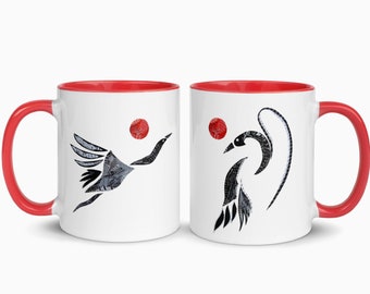 Bird Art Modern Mug from Unique Handmade Mug Collage Art, Japanese Style Cup Gift for a Modern Kitchen