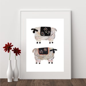 Impression de moutons d'art folklorique, décor de Hygge d'animaux de ferme, bel art d'agneau de collage comme cadeau d'art scandinave