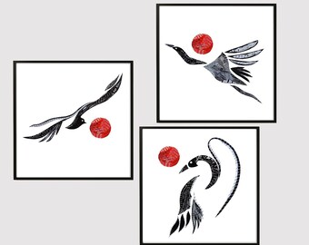 Muurkunst set van 3 vierkante vogelafdrukken, minimalistische abstracte kunst voor een modern interieur, collage vliegende vogels en zon Art Print